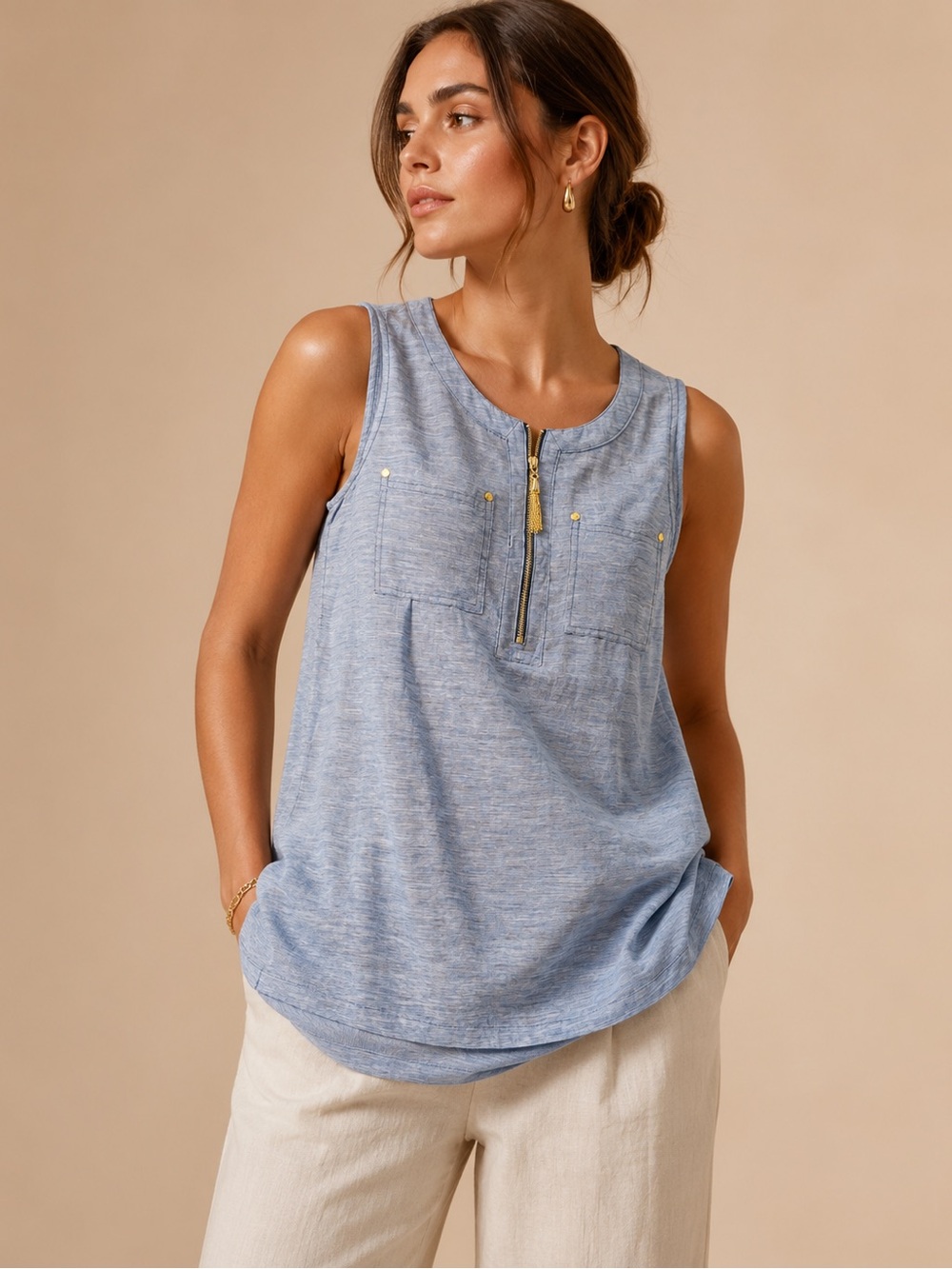 Ellen Tracy Linen Sleeveless Blue Tunic Top Size Small | Zip Front Linen Blend